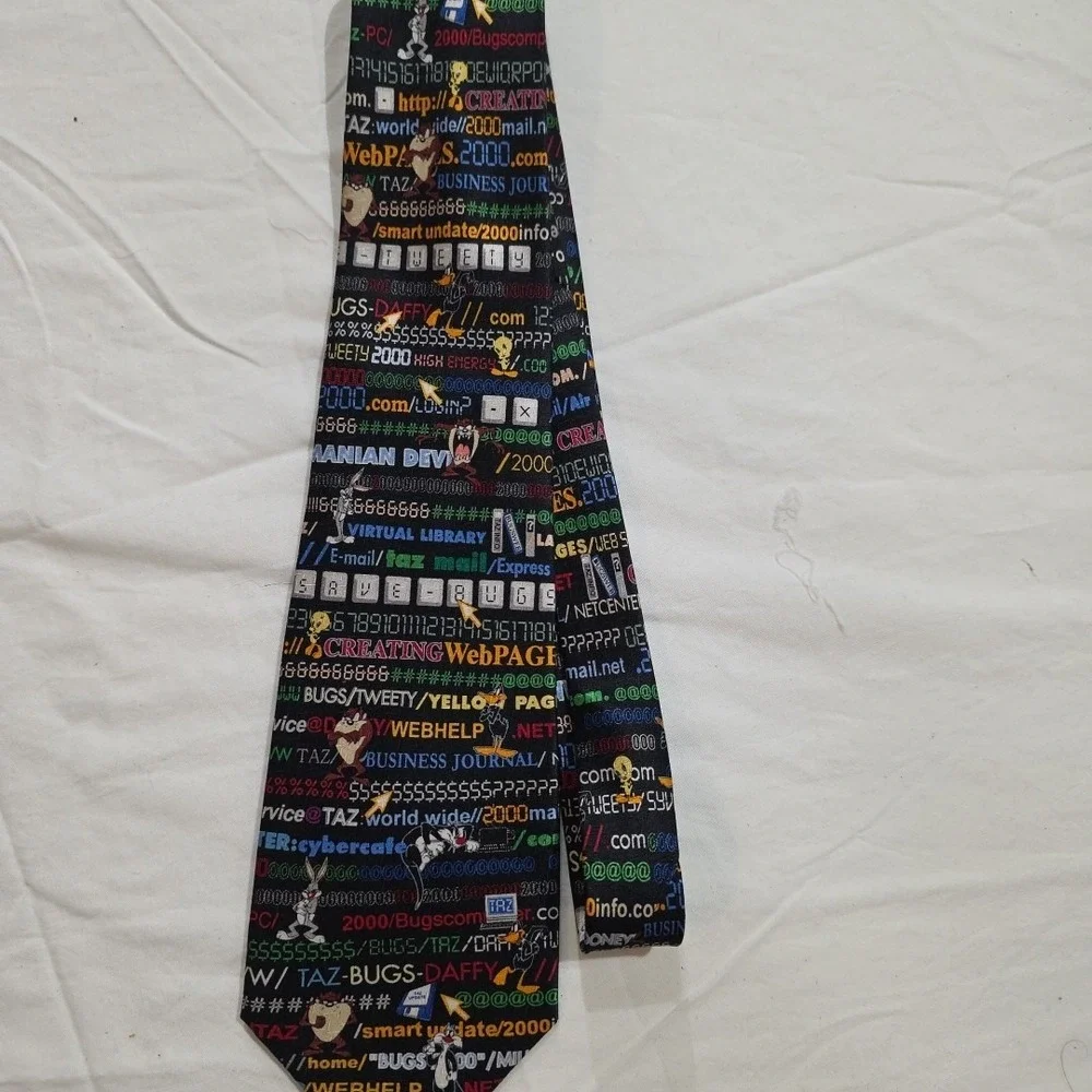 Vtg Looney Tunes Tie Bugs Daffy Taz Tweety Computer Code Necktie 58